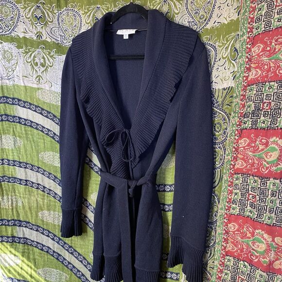 St. John Collection Wool Blend Santana Knit Black Long Ruffled Cardigan Size 4 - Picture 7 of 16